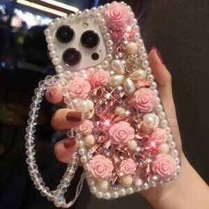 iPhone 16 Pro Max Mobile Case with Crystal Flower Design, Elegant Pearl Frame